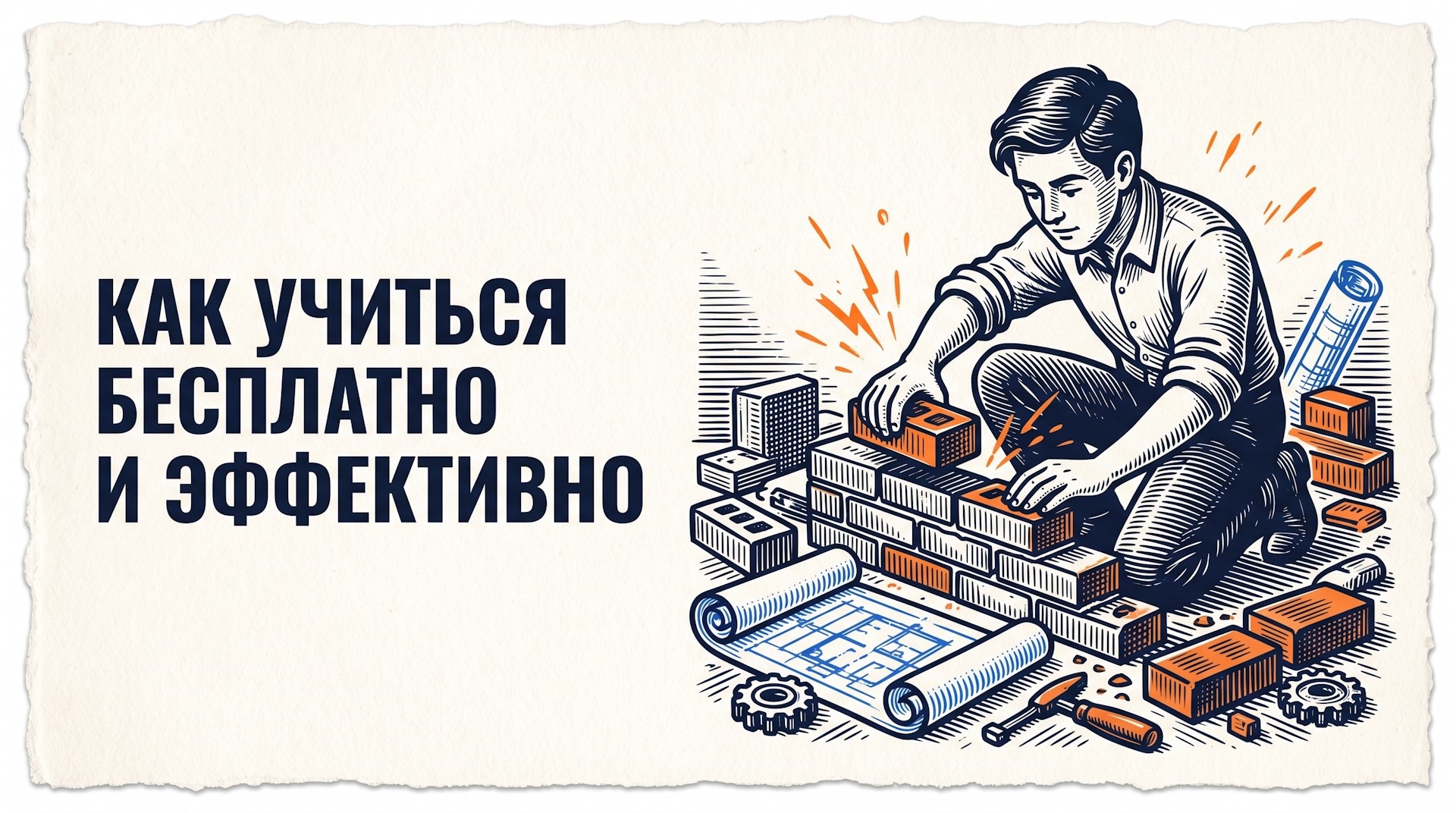 Человек самостоятельно собирает прочный фундамент из кирпичей и чертежей знаний на фоне хаоса