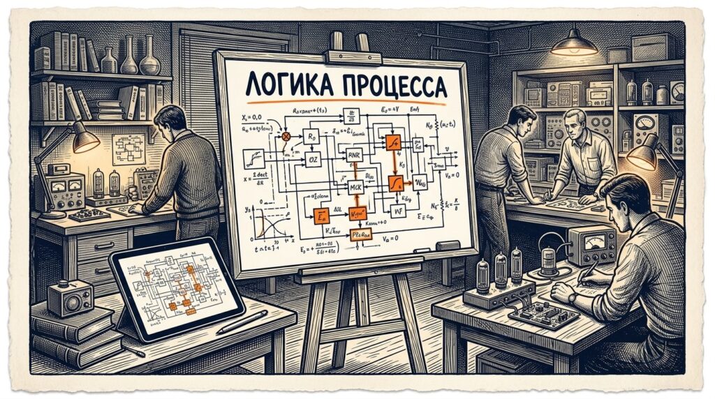 Развертывание логики сложного процесса на маркерной доске в виде живого рукописного чертежа.