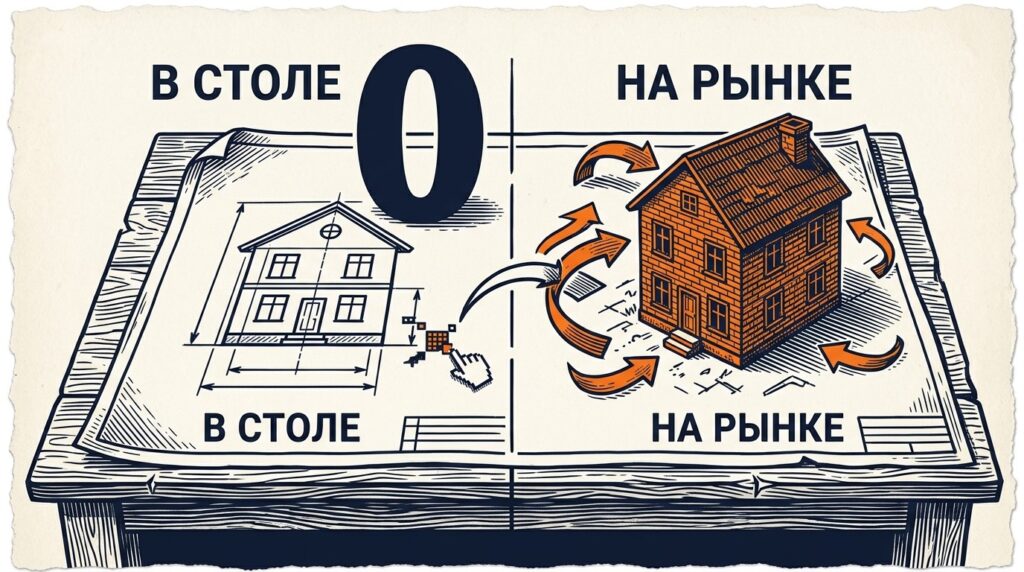 Сравнение идеального пустого проекта в столе и готового дома на реальном рынке