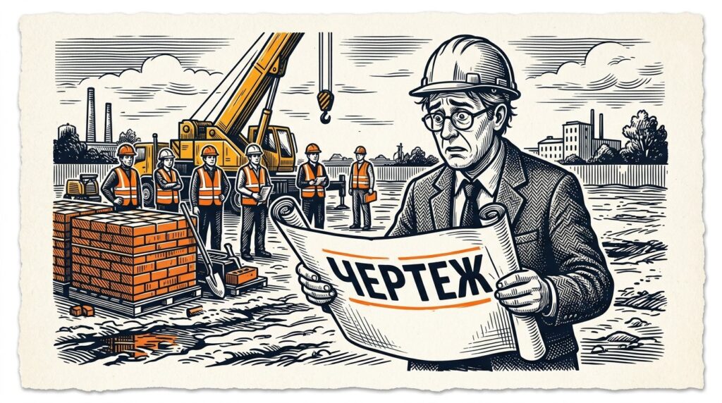 Испуганный архитектор с чертежом в руках перед пустым незастроенным участком