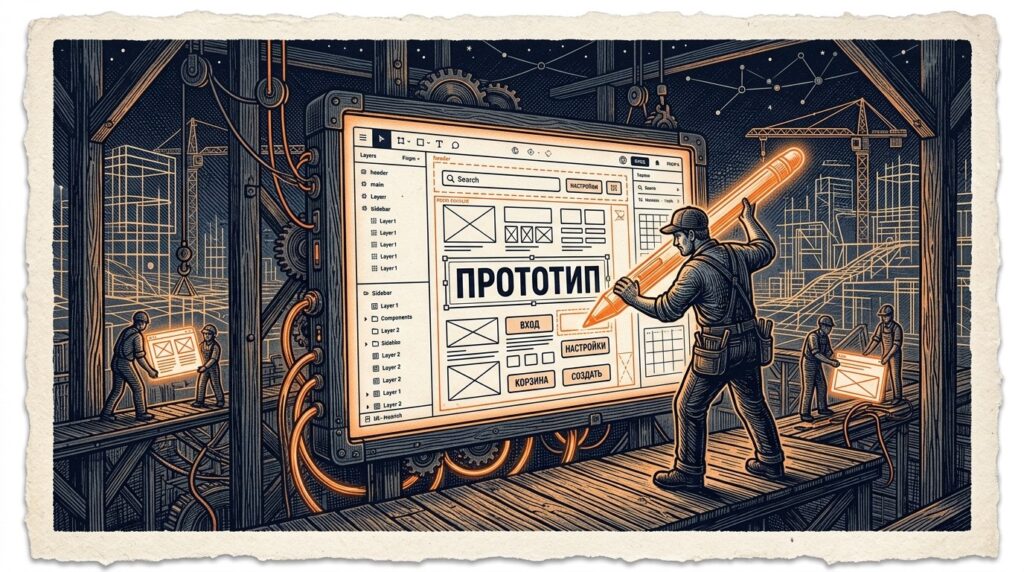 Создание черно-белого прототипа и проектирование сухой структуры интерфейса на цифровой строительной площадке Figma.