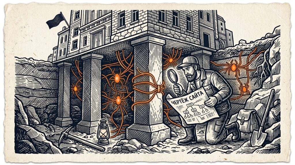 SEO-инженер изучает чертеж сайта и проверяет прочность фундамента поисковой оптимизации.